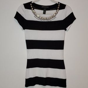 INC Black & White Striped Jeweled Top